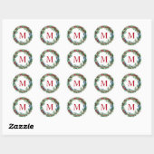 Elegante rode monogram initiaal kerstkrans ronde sticker (Vel)