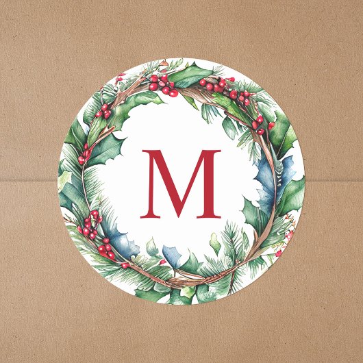 Elegante rode monogram initiaal kerstkrans ronde sticker
