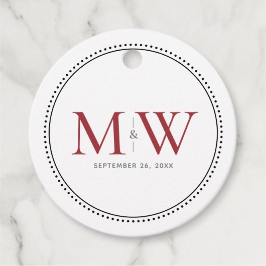 Elegante rode paar monogram bruiloft bedankjes labels (Voorkant)