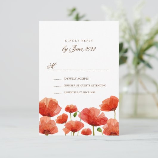 Elegante rode papaver bloemen bruiloft RSVP (Staand voorkant)