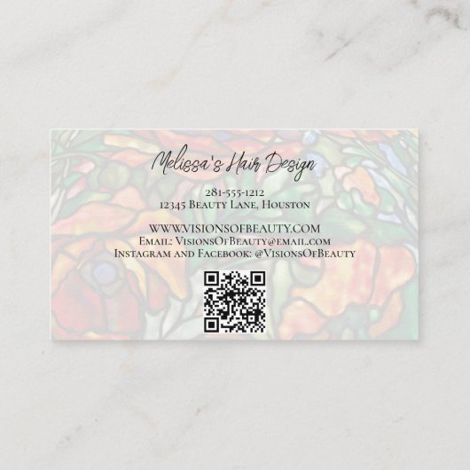 Elegante rode papavers bloemig Glas in lood QR-cod Visitekaartje (Achterkant)