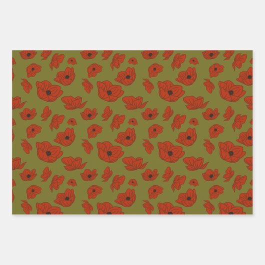 Elegante rode papavers met Schattigee groene blade Inpakpapier Vel (Voorkant 3)