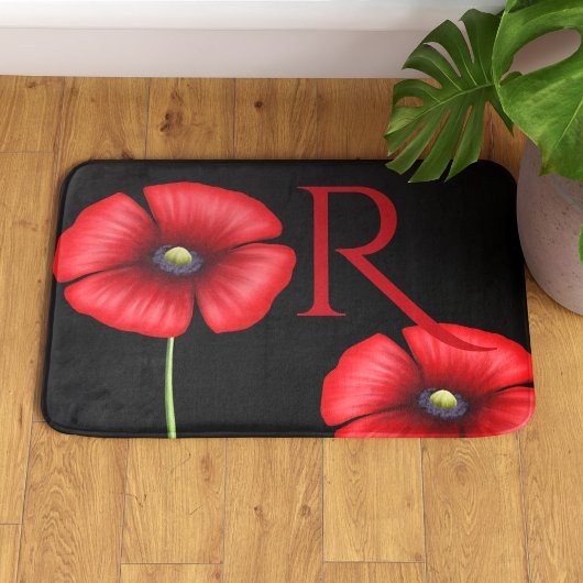 Elegante rode papavers Monogram zwarte badmat