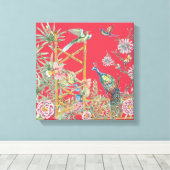 Elegante rode pauw oosterse bloemen chinoiserie canvas afdruk (Insitu (Houten vloer))