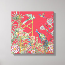 Elegante rode pauw oosterse bloemen chinoiserie canvas afdruk