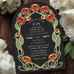 Elegante Rode Pioen Art Nouveau Bloemige Bruiloft Kaart
