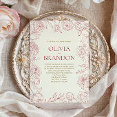 Elegante rode pioen Bloemen Border Line Art Weddin Kaart