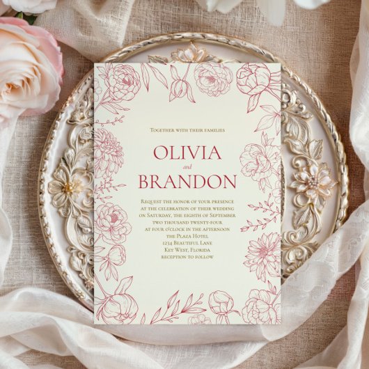 Elegante rode pioen Bloemen Border Line Art Weddin Kaart