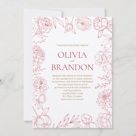 Elegante rode pioen Bloemen Border Line Art Weddin Kaart (Voorkant)