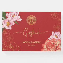Elegante rode pioen Chinees bruiloft welkom Gastenboek