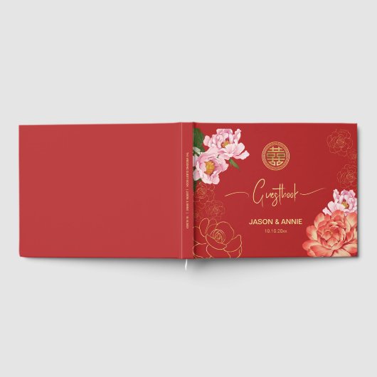 Elegante rode pioen Chinees bruiloft welkom Gastenboek (Volledig)