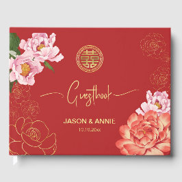 Elegante rode pioen Chinees bruiloft welkom Gastenboek