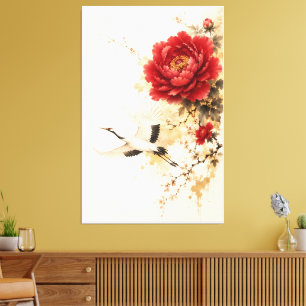 Elegante Rode Pioen en Kraanvogel Chinese Inkt Sch Canvas Afdruk