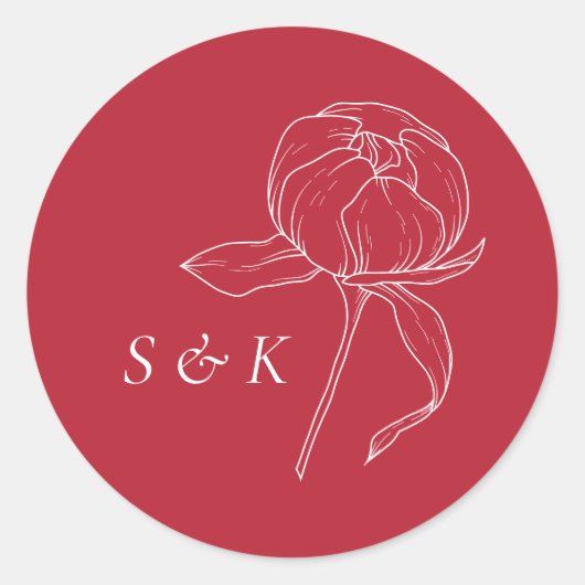 Elegante rode pioen monogram bruiloft ronde sticker (Voorkant)