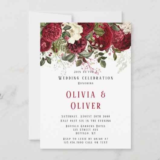 Elegante Rode Pioen Rozen Bruiloft Kaart (Voorkant)