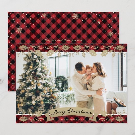 Elegante rode plaid botanische foto vrolijk kerstf feestdagenkaart (Voorkant / Achterkant)