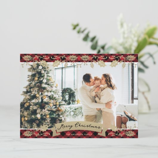 Elegante rode plaid botanische foto vrolijk kerstf feestdagenkaart (Staand voorkant)