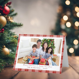 Elegante Rode Plaid Kerstfoto Vakantie Kaart