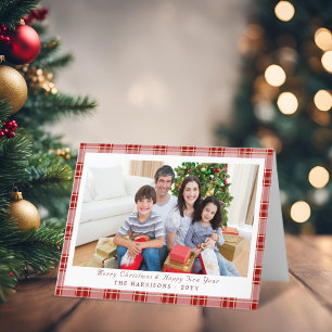 Elegante Rode Plaid Kerstfoto Vakantie Kaart