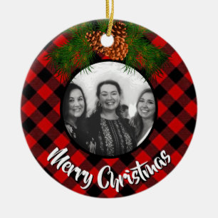 Elegante rode plaid pinecone foto sjabloon keramisch ornament