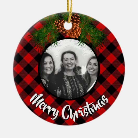 Elegante rode plaid pinecone foto sjabloon keramisch ornament (Voorkant)