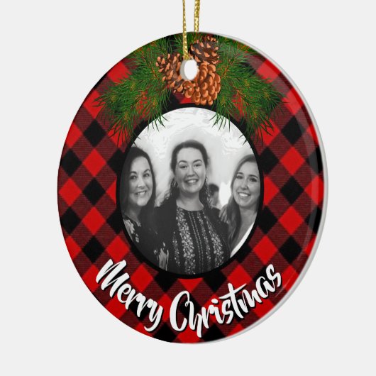 Elegante rode plaid pinecone foto sjabloon keramisch ornament (Links)