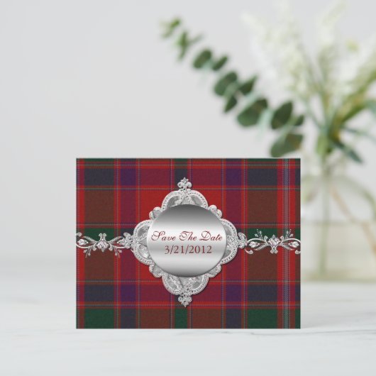 Elegante rode plaid Save the Date Briefkaart (Staand voorkant)