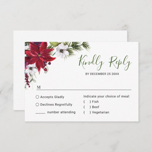 Elegante Rode Poinsettia Aquarel Dennenschuur Brui RSVP Kaartje (Voorkant / Achterkant)