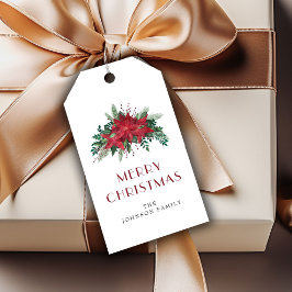 Elegante rode poinsettia bloemenkerst cadeaulabel