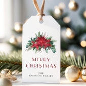 Elegante rode poinsettia bloemenkerst cadeaulabel