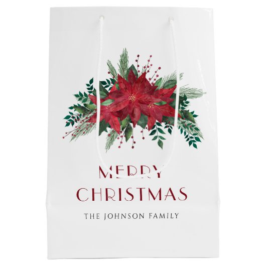 Elegante rode poinsettia bloemenkerst medium cadeauzakje (Achterkant)