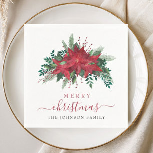 Elegante Rode Poinsettia Bloemrijke Script Kerstmi Servet