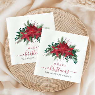 Elegante Rode Poinsettia Bloemrijke Script Kerstmi Servet