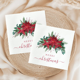Elegante Rode Poinsettia Bloemschrift Kerstmis Servet