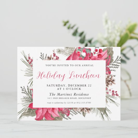 Elegante rode poinsettia botanische feestlunch kaart (Staand voorkant)