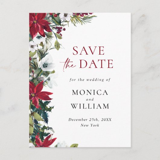 Elegante rode poinsettia bruiloft Save the Date Briefkaart (Voorkant)