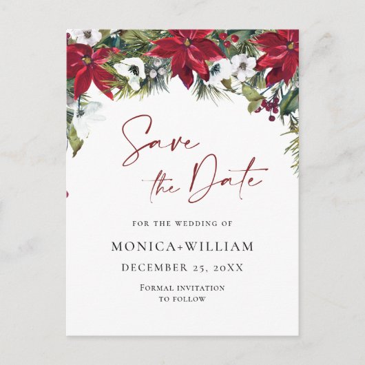 Elegante rode poinsettia bruiloft Save the Date Briefkaart (Voorkant)