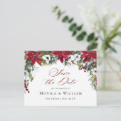 Elegante rode poinsettia bruiloft Save the Date Briefkaart (Staand voorkant)