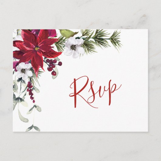 Elegante Rode Poinsettia Bruiloft Waterverf RSVP Briefkaart (Voorkant)