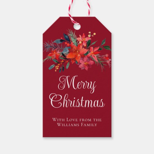 Elegante rode poinsettia Custom Vrolijk Kerstfeest Cadeaulabel (Voorkant)