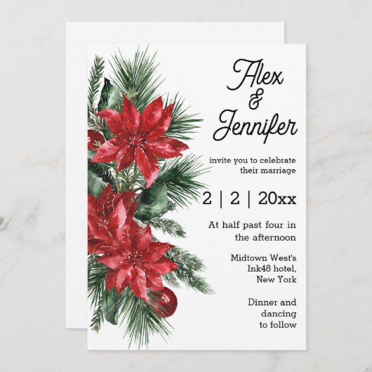 elegante  rode poinsettia en dennenbruiloft kaart (Voorkant / Achterkant)