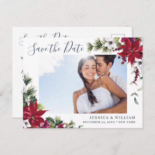 Elegante Rode Poinsettia FOTO Bruiloft Save the Da Aankondigingskaart (Voorkant / Achterkant)