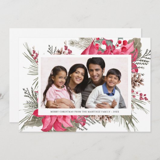 Elegante Rode Poinsettia Foto Kerstmis Feestdagenkaart (Voorkant / Achterkant)