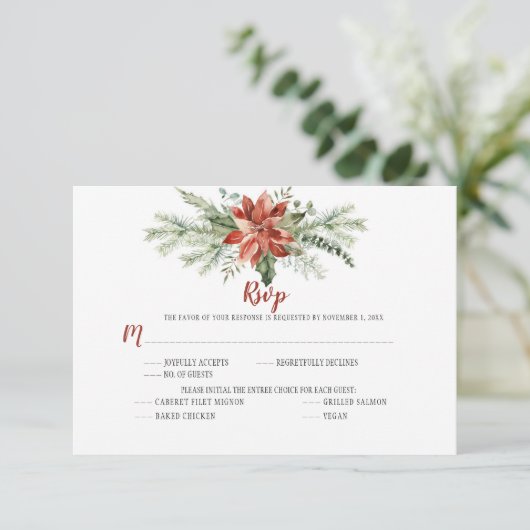 Elegante Rode Poinsettia Groene Kerst RSVP (Staand voorkant)