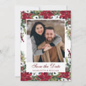 Elegante Rode Poinsettia Kerst Huwelijksfoto Save The Date (Voorkant)