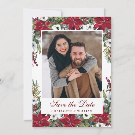 Elegante Rode Poinsettia Kerst Huwelijksfoto Save The Date (Voorkant)