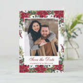 Elegante Rode Poinsettia Kerst Huwelijksfoto Save The Date (Staand voorkant)