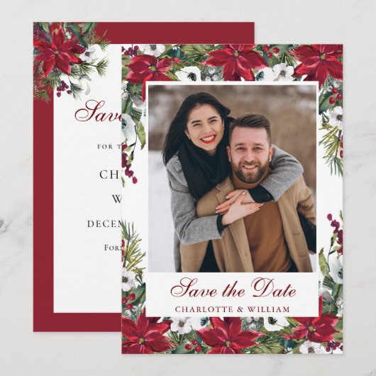 Elegante Rode Poinsettia Kerst Huwelijksfoto Save The Date (Voorkant / Achterkant)