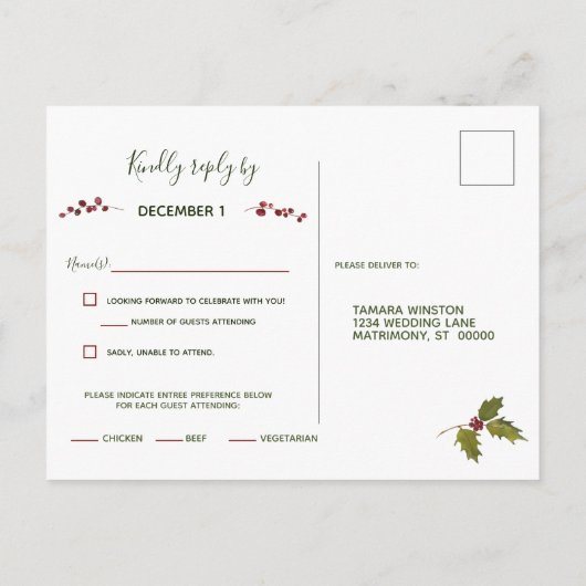 Elegante Rode Poinsettia Kerst Receptie RSVP Uitnodiging Briefkaart (Achterkant)