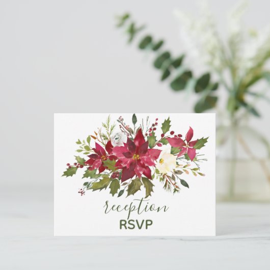 Elegante Rode Poinsettia Kerst Receptie RSVP Uitnodiging Briefkaart (Staand voorkant)